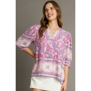 New Umgee S M Lavender Pink Kalamkari Floral Border Print Tassel Tie Top